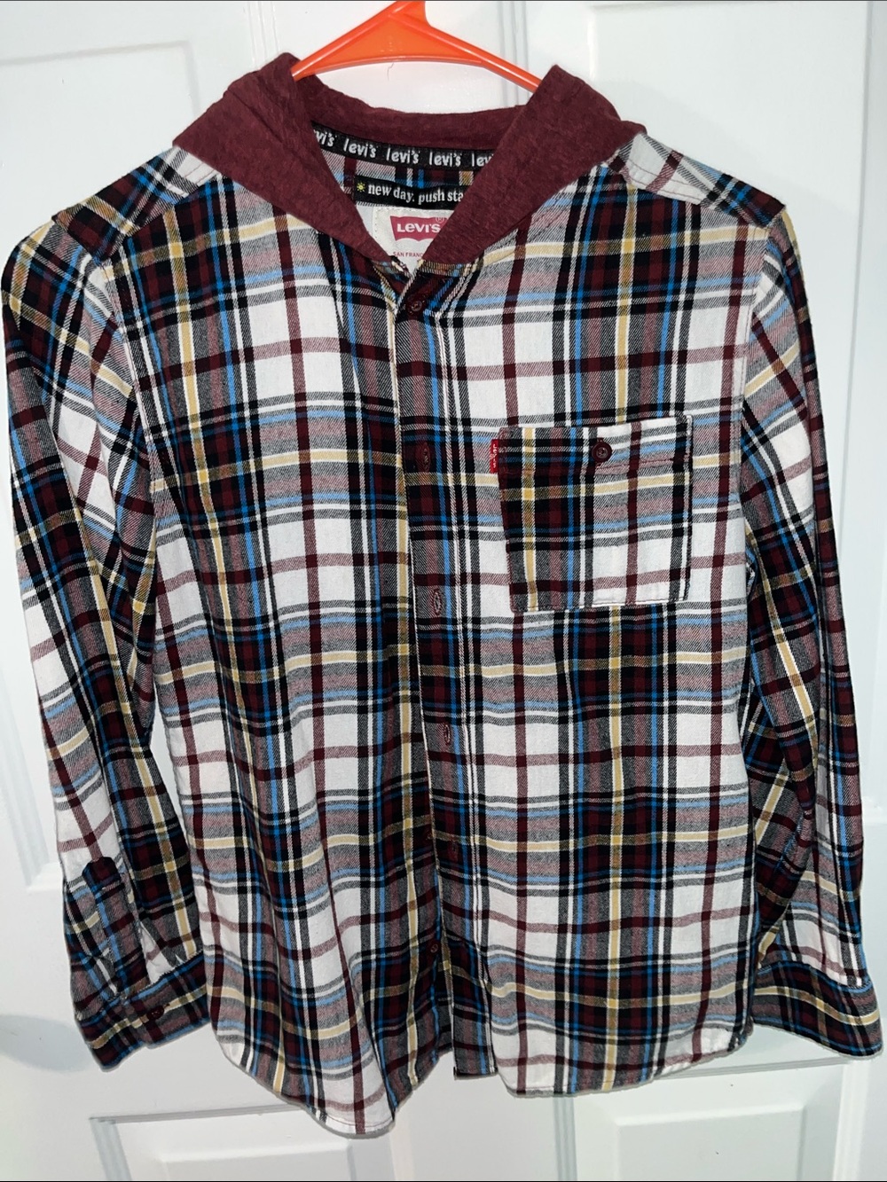 Levi's Burgundy, White & Blue Plaid Hooded Button-Down Shirt